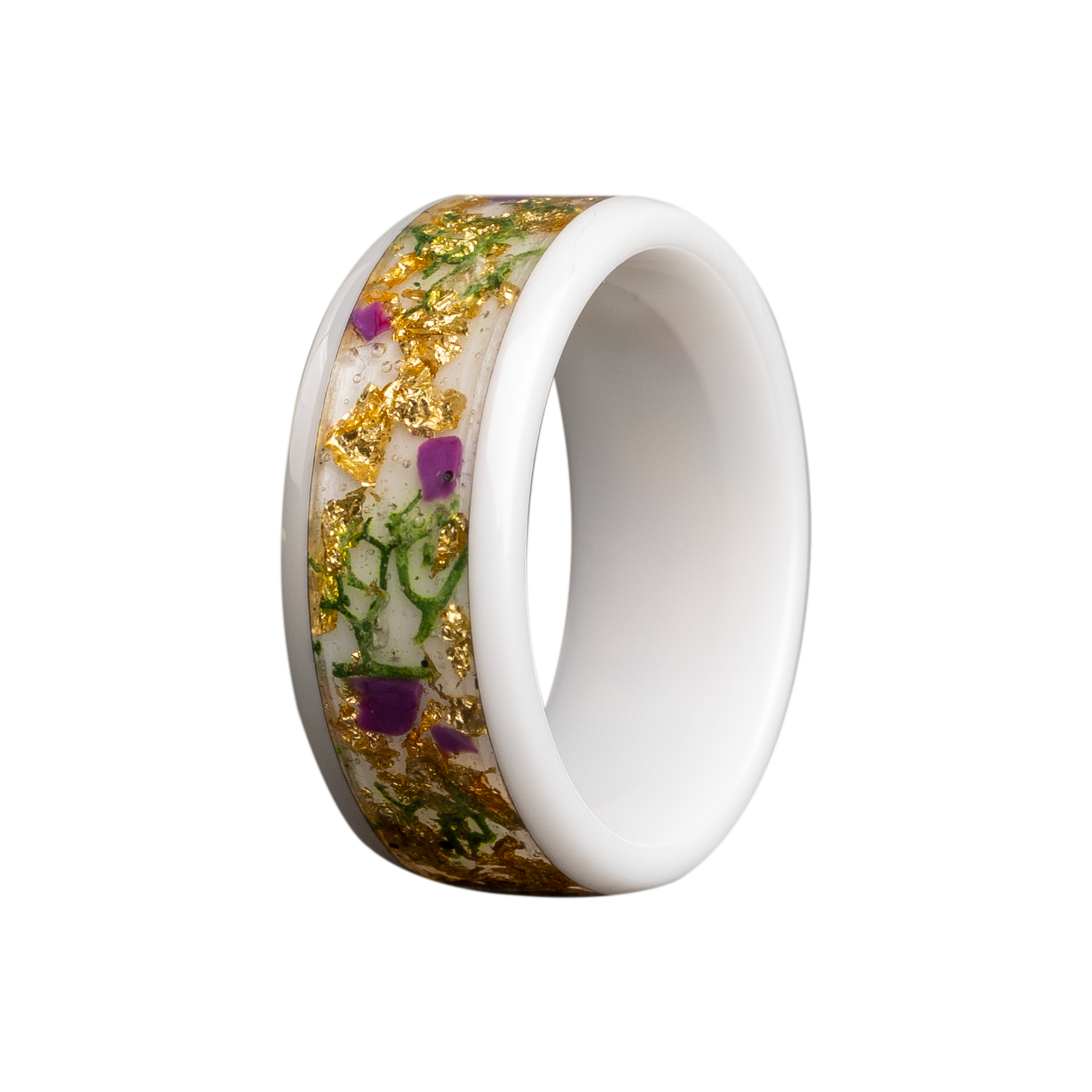 Heavy Stone 8mm White Ceramic Flower, Moss, and Gold Leaf Ring 10