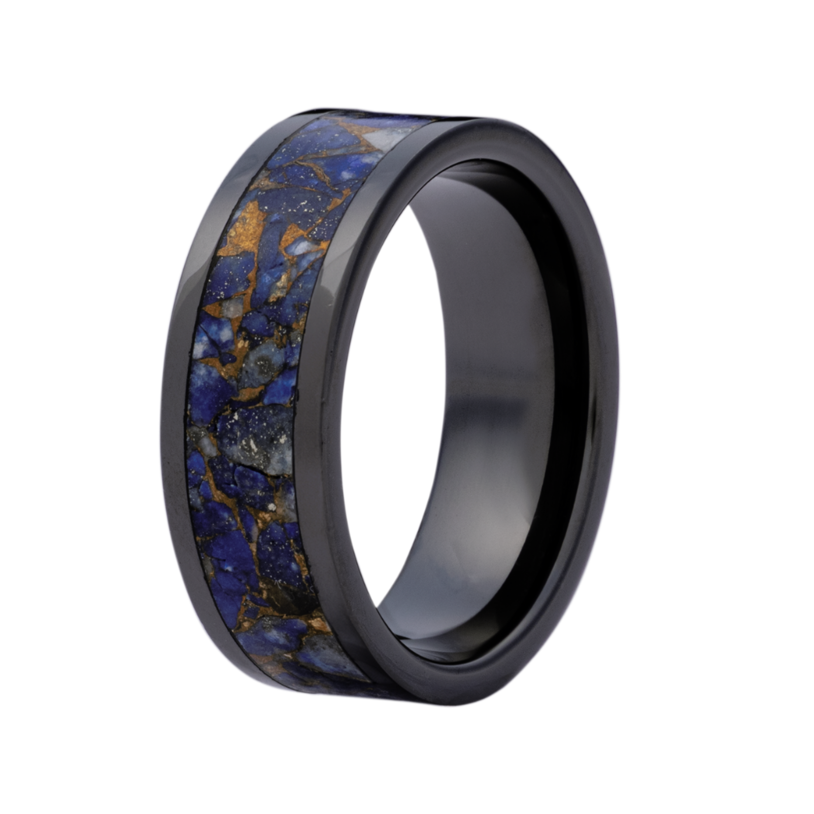 Heavy Stone 8mm Black Ceramic with Lapis and Brass Inlay Ring 10
