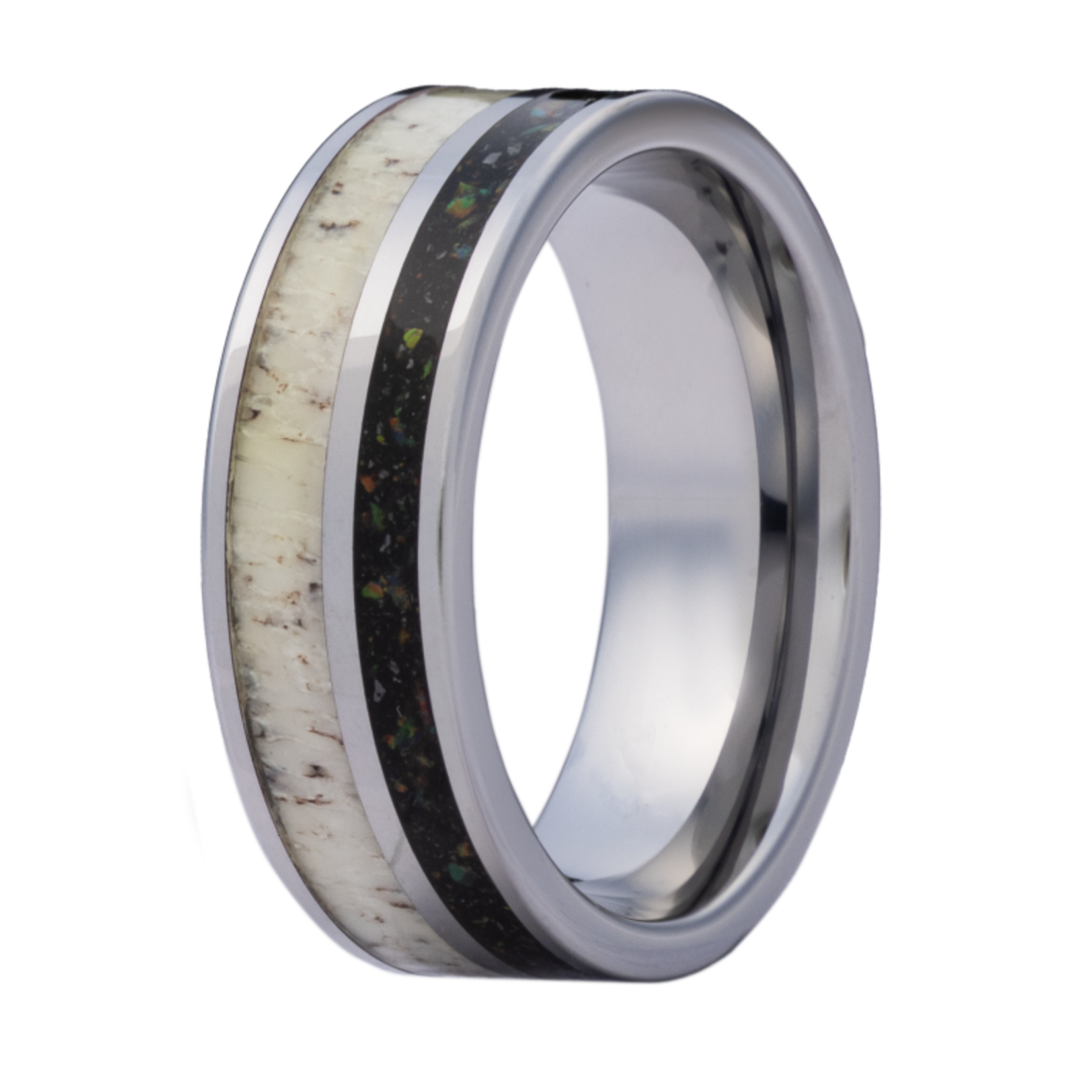 Heavy Stone 8mm Tungsten with Elk Antler and Opal Ring 10
