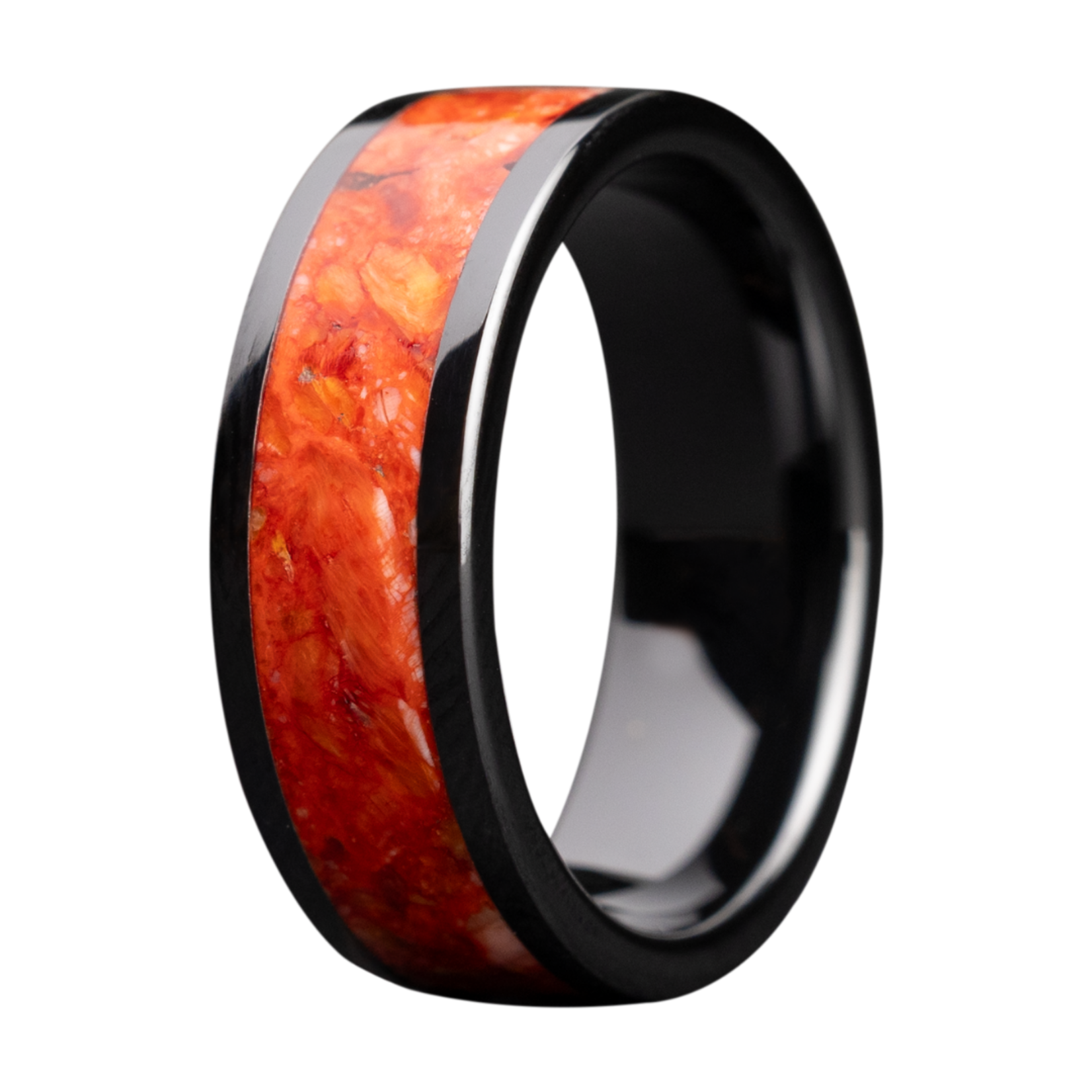 Heavy Stone 8mm Black Ceramic with Spiny Oyster Inlay Ring 10