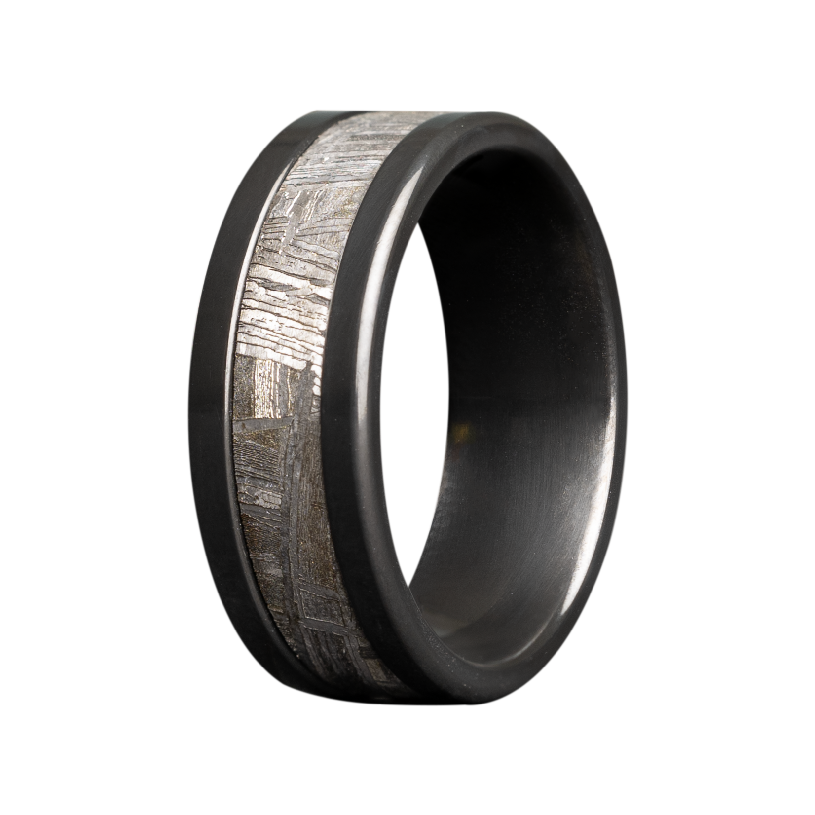 Heavy Stone 8mm Zirconium Flat Polishedw/4mm Meteorite Inlay Ring 10