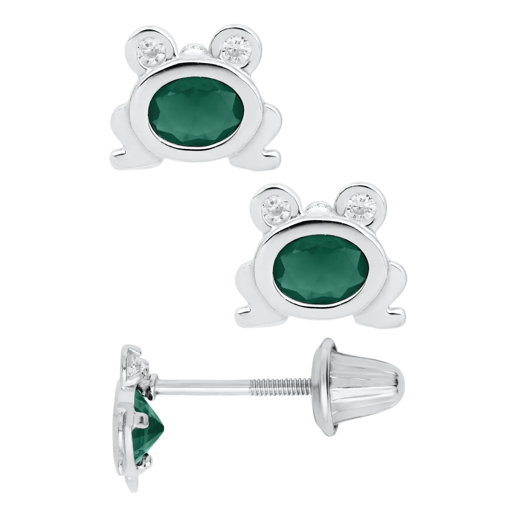 Kiddie Kraft SS Green and White CZ Frog Kid's Earrings