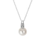 14K White Gold 7mm Freshwater Pearl .02ct Pendant w 18" Chain