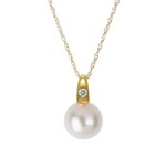 14K Yellow Gold 8mm Freshwater Pearl .02ct Pendant w 18" Chain