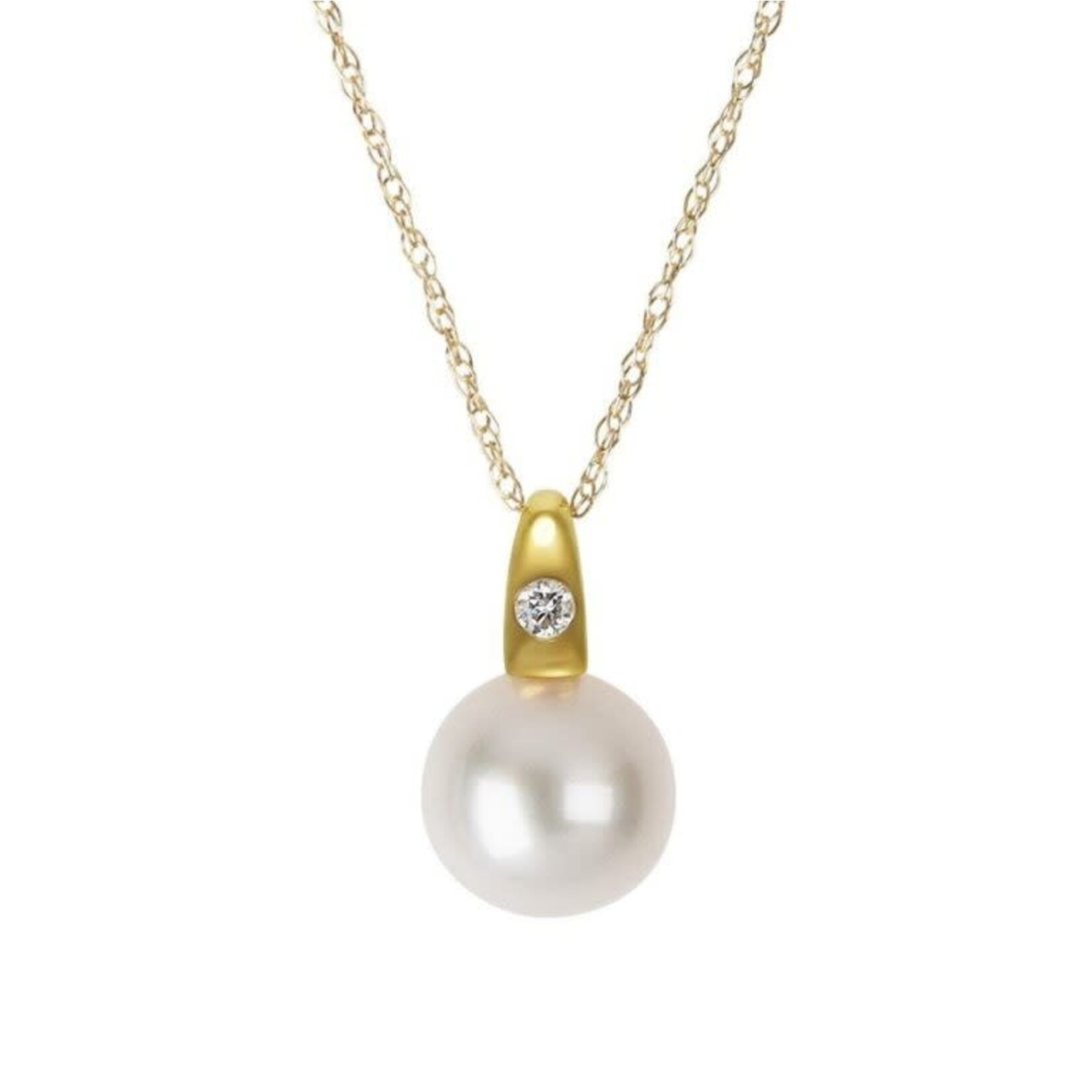 14K Yellow Gold 8mm Freshwater Pearl .02ct Pendant w 18" Chain