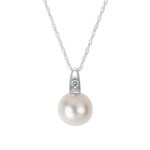 14K White Gold 8mm Freshwater Pearl .02ct Pendant w 18" Chain