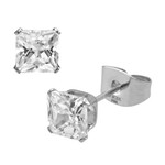 Inox 6mm Stainless Steel Clear Square Clear CZ Stud Earrings