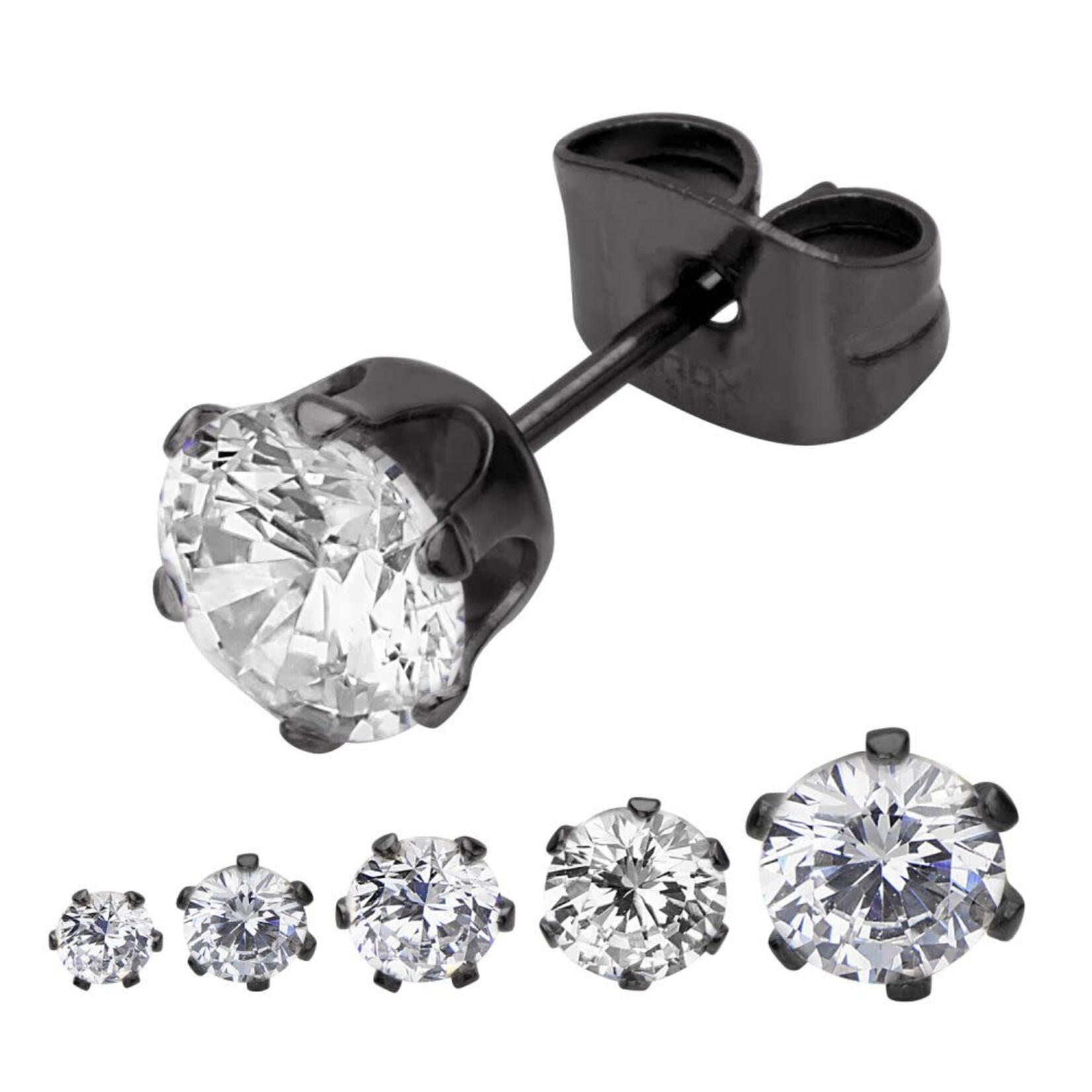 Inox 8mm Black IP Stainless Steel Clear CZ Stud Earrings