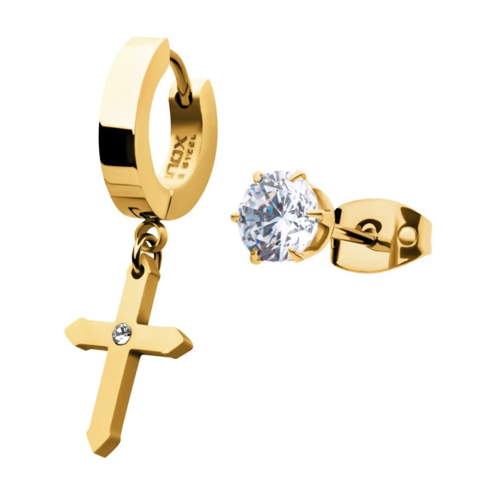 Inox Gold IP Dangling Cross with CZ Huggie & Prong Set CZ Stud Mismatched Earrings