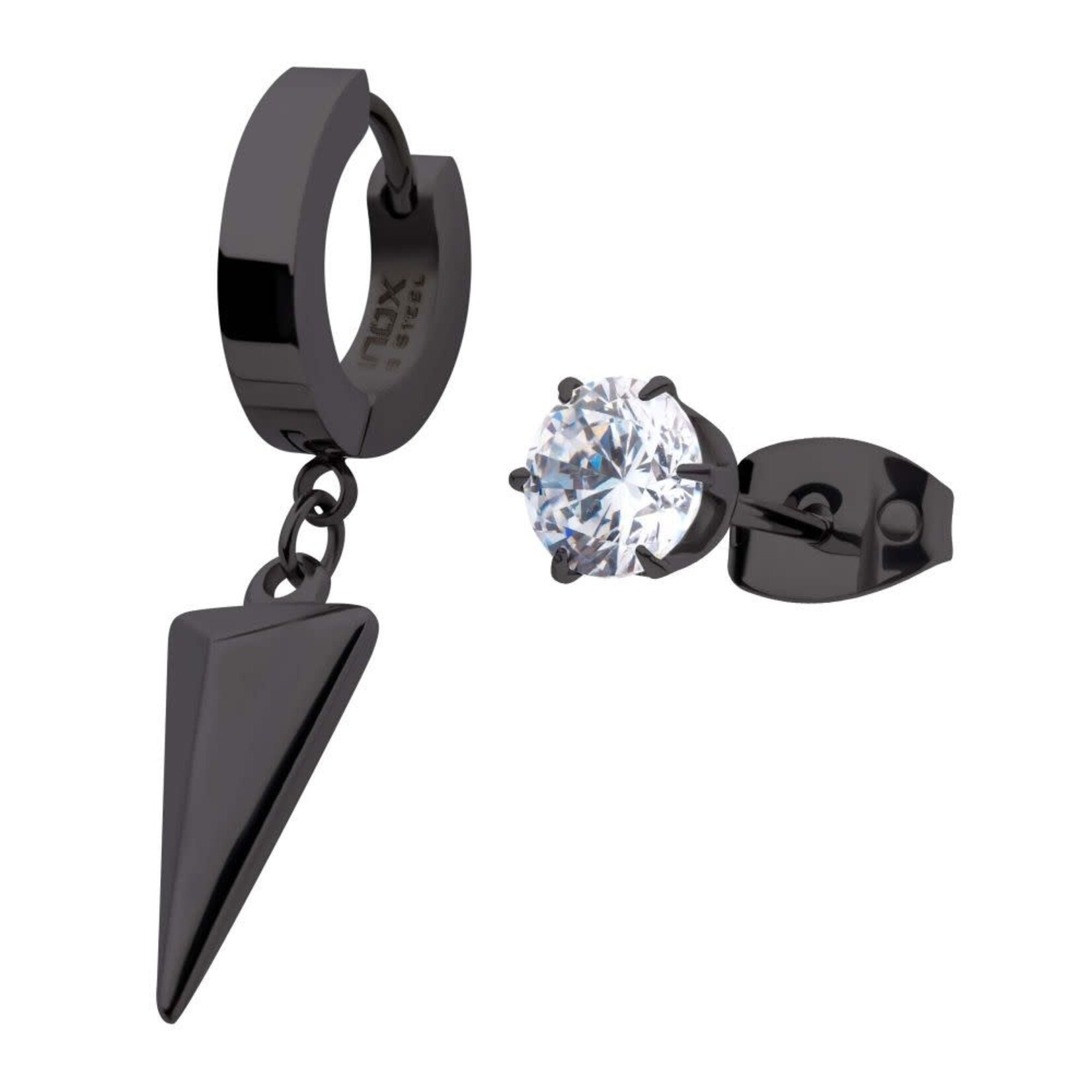 Inox Black IP Dangling Hoop & Prong Set CZ Stud Mismatched Earrings