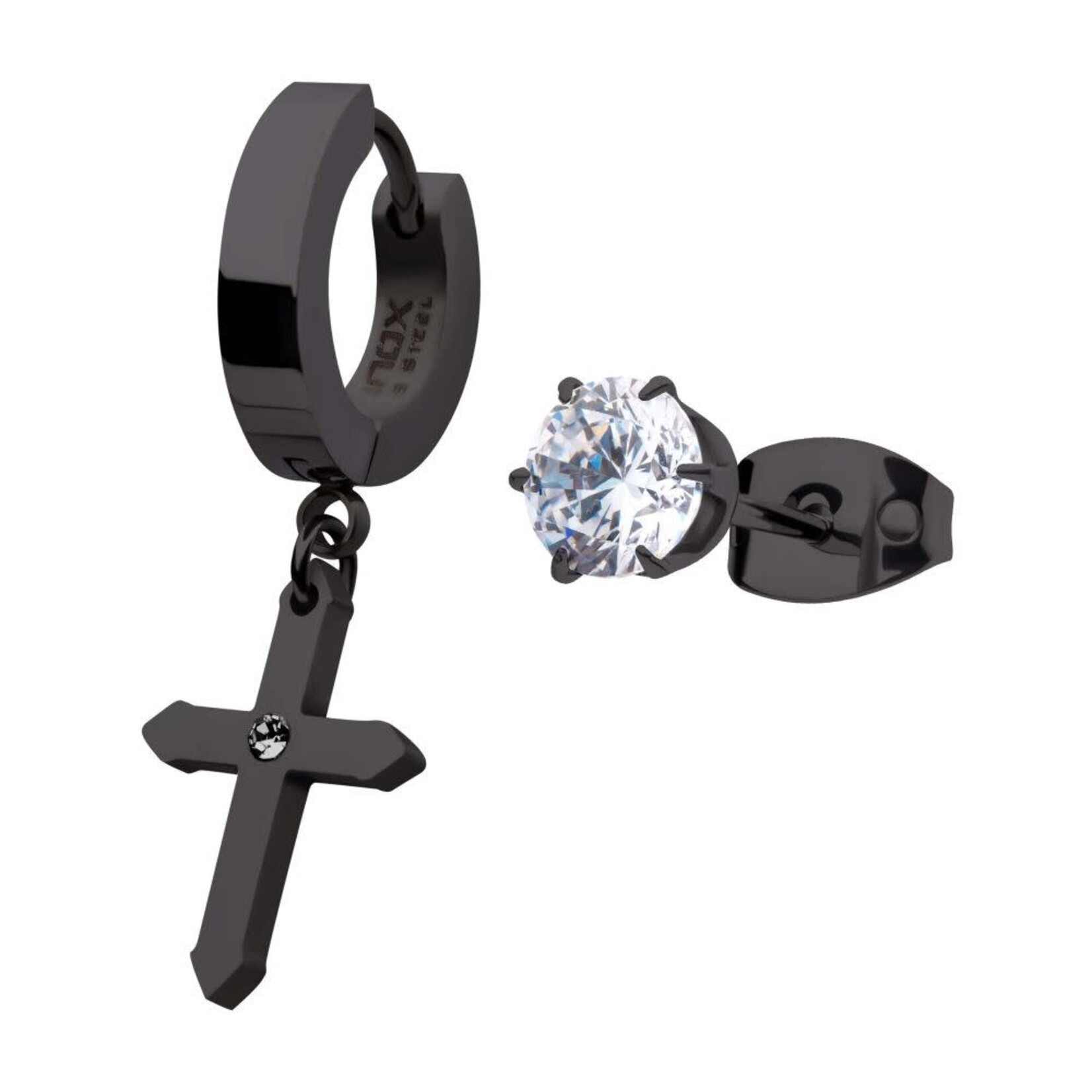 Inox Stainless Steel Black IP Dangling Cross with CZ Huggie Earrings