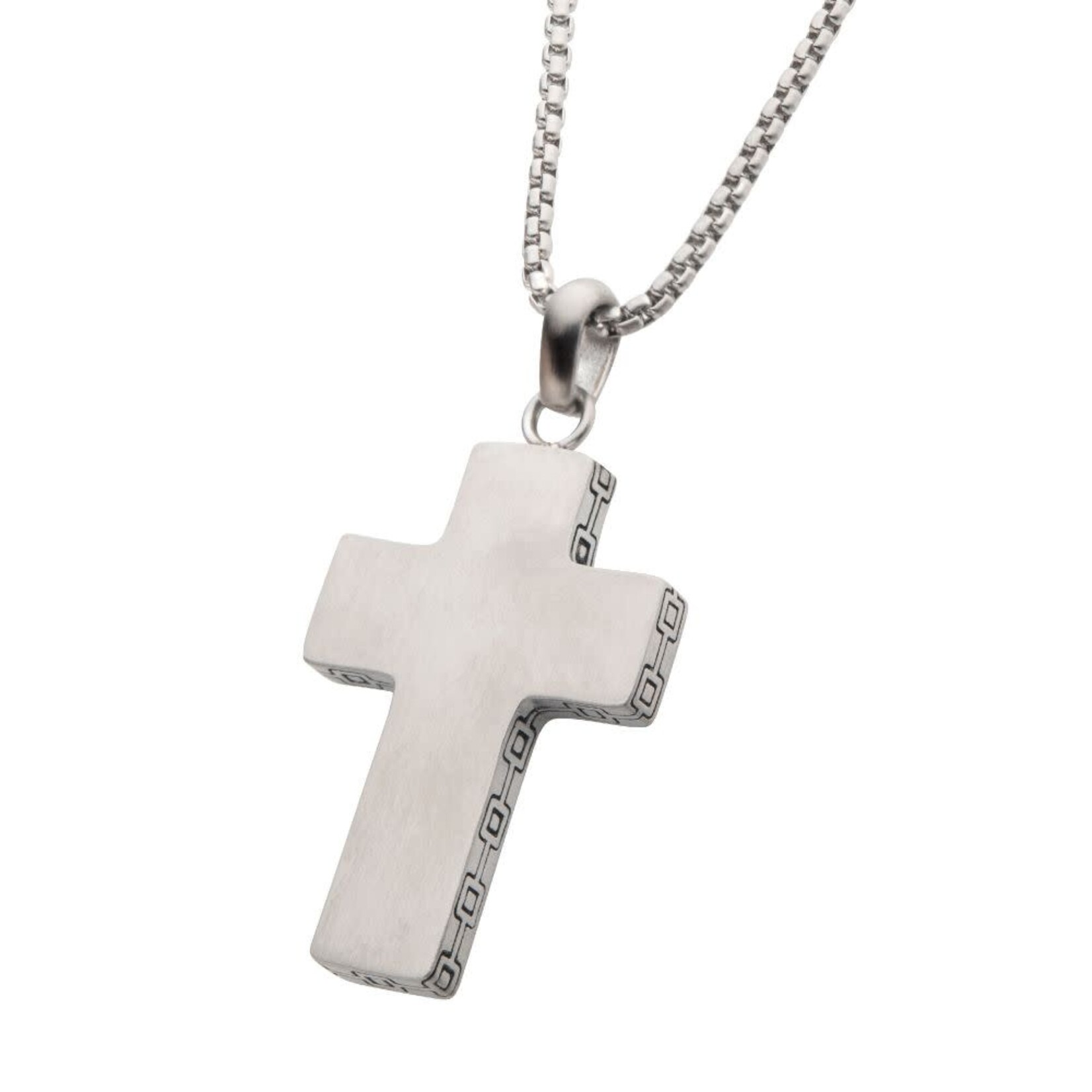 Inox Steel Engravable Cross Pendant with Round Box Chain - 22"