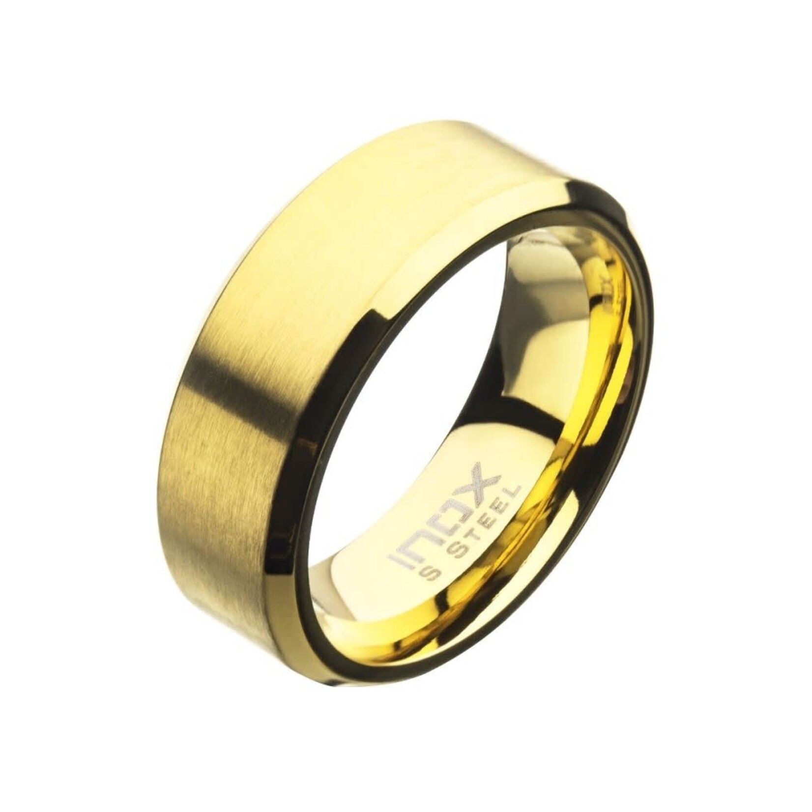Inox 8mm Matte Finish Gold IP Steel Beveled Comfort Fit Ring-12