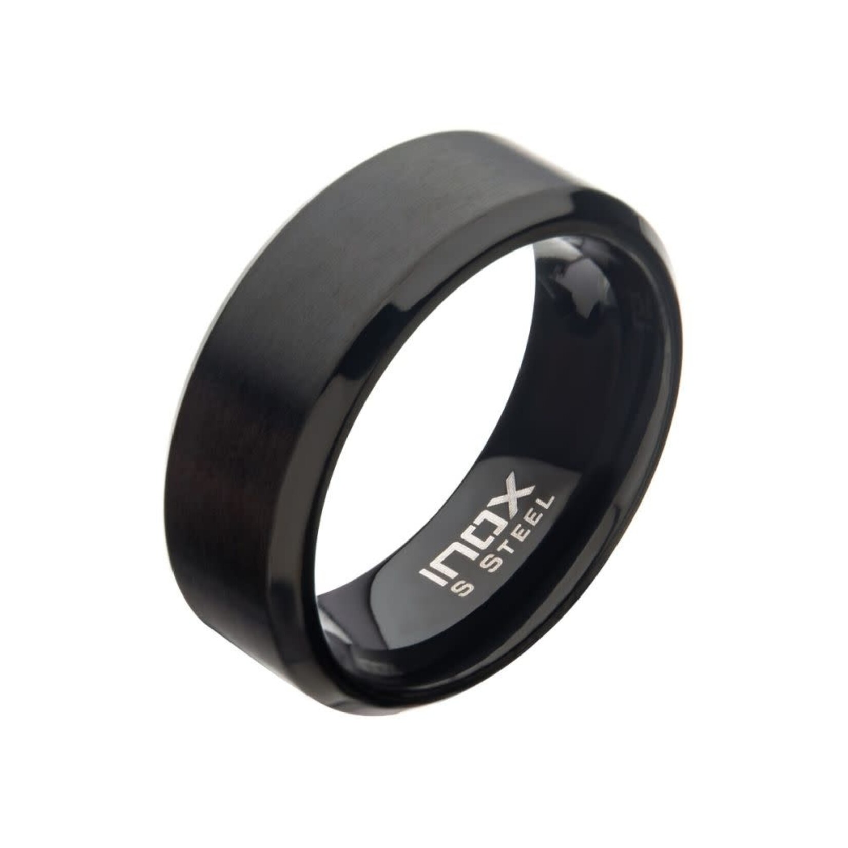 Inox 8mm Matte Finish Black IP Steel Beveled Comfort Fit Ring-9