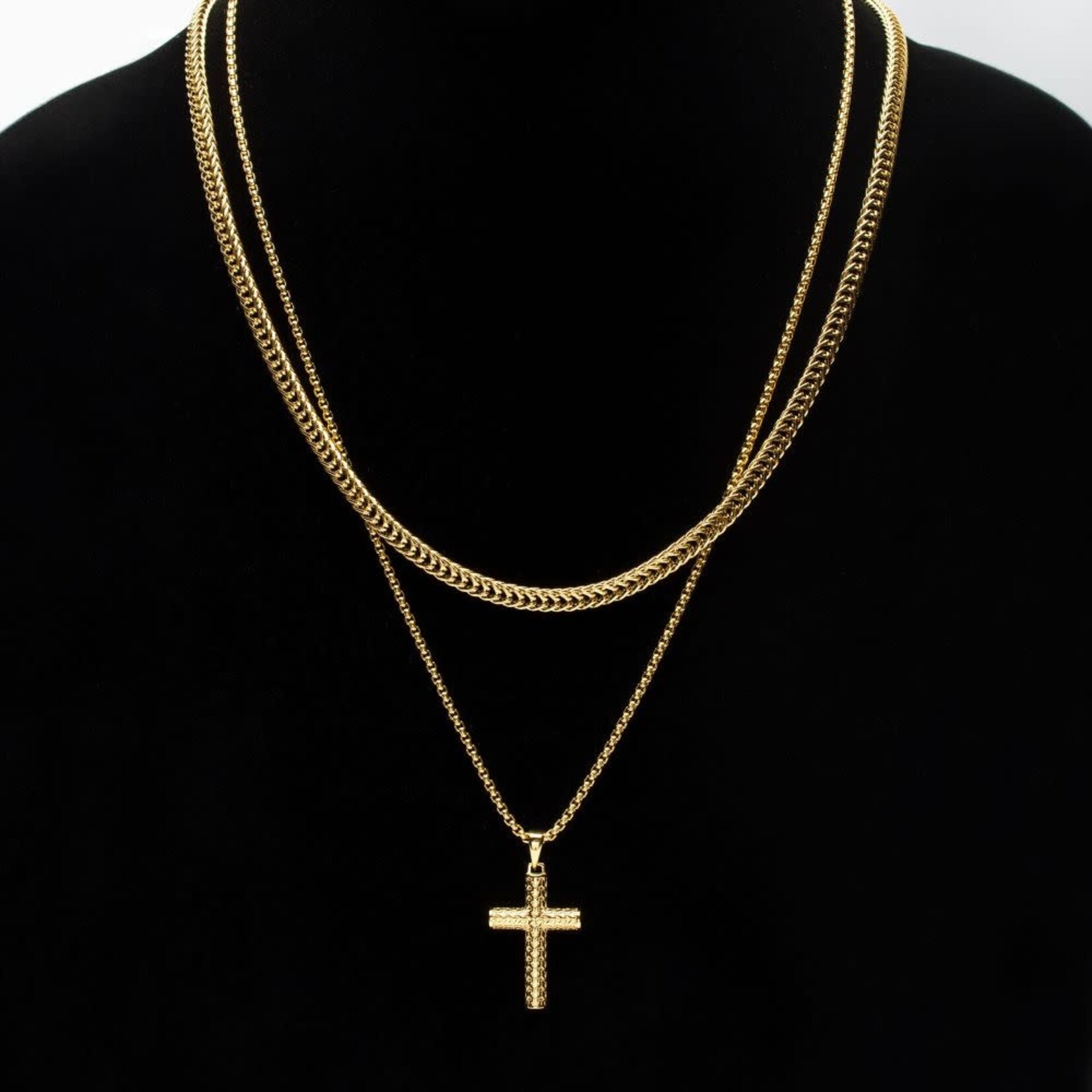 Inox Polished 18K Gold IP Scale Cross Drop Necklace with Bold Box Chain - 22"