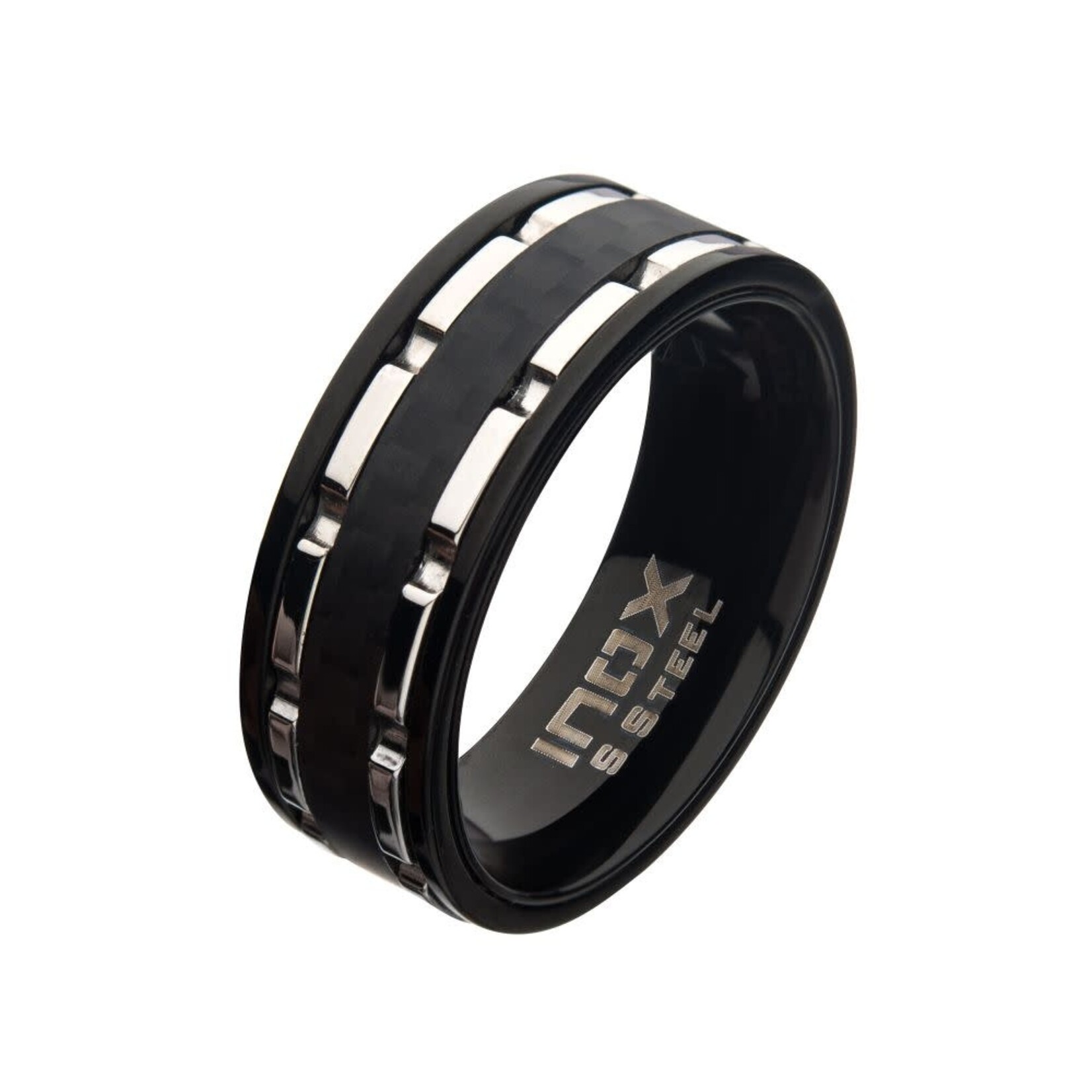 Inox Stainless Steel/Black IP Lines & Carbon Fiber Hammered Ring