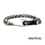 Inox Stainless Steel & Antiqued Finish Hook with Black Leather Chain Bracelet - 8.25"