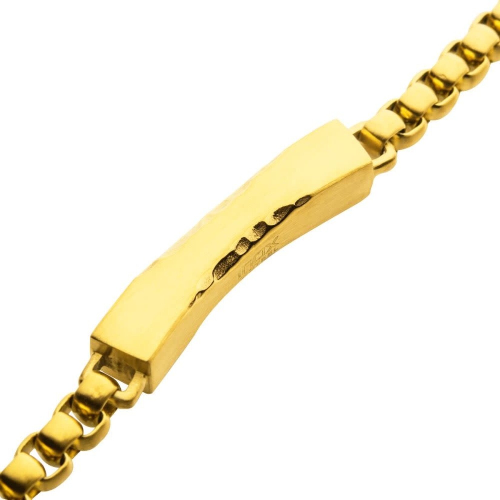 Inox Matte 18Kt Gold IP Chiseled Engravable Drop with Bold Box Chain Bracelet - 8.5"