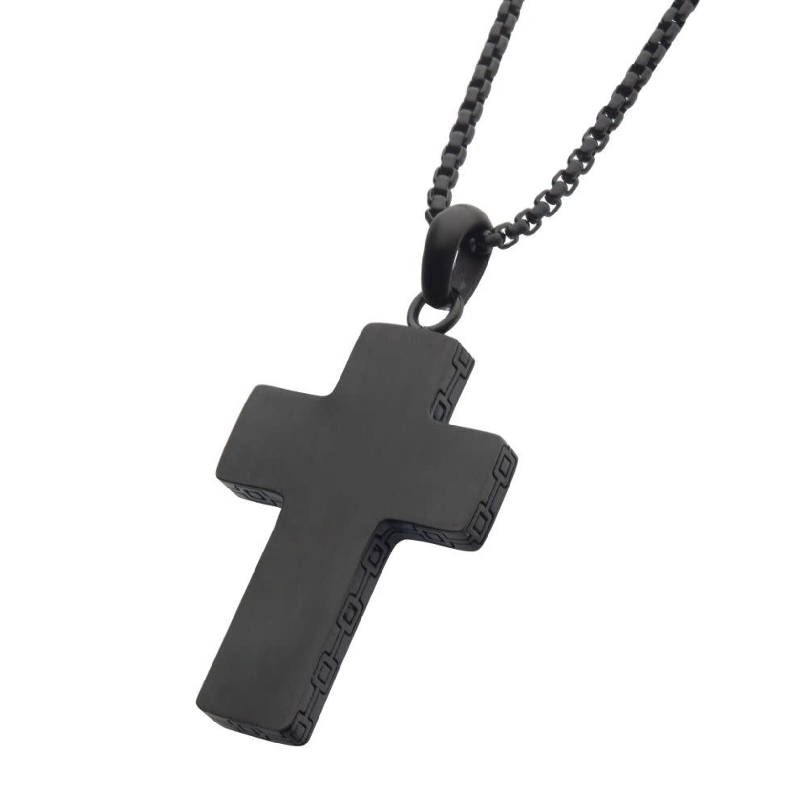 Inox Black IP Engravable Cross Pendant with Round Box Chain 22"