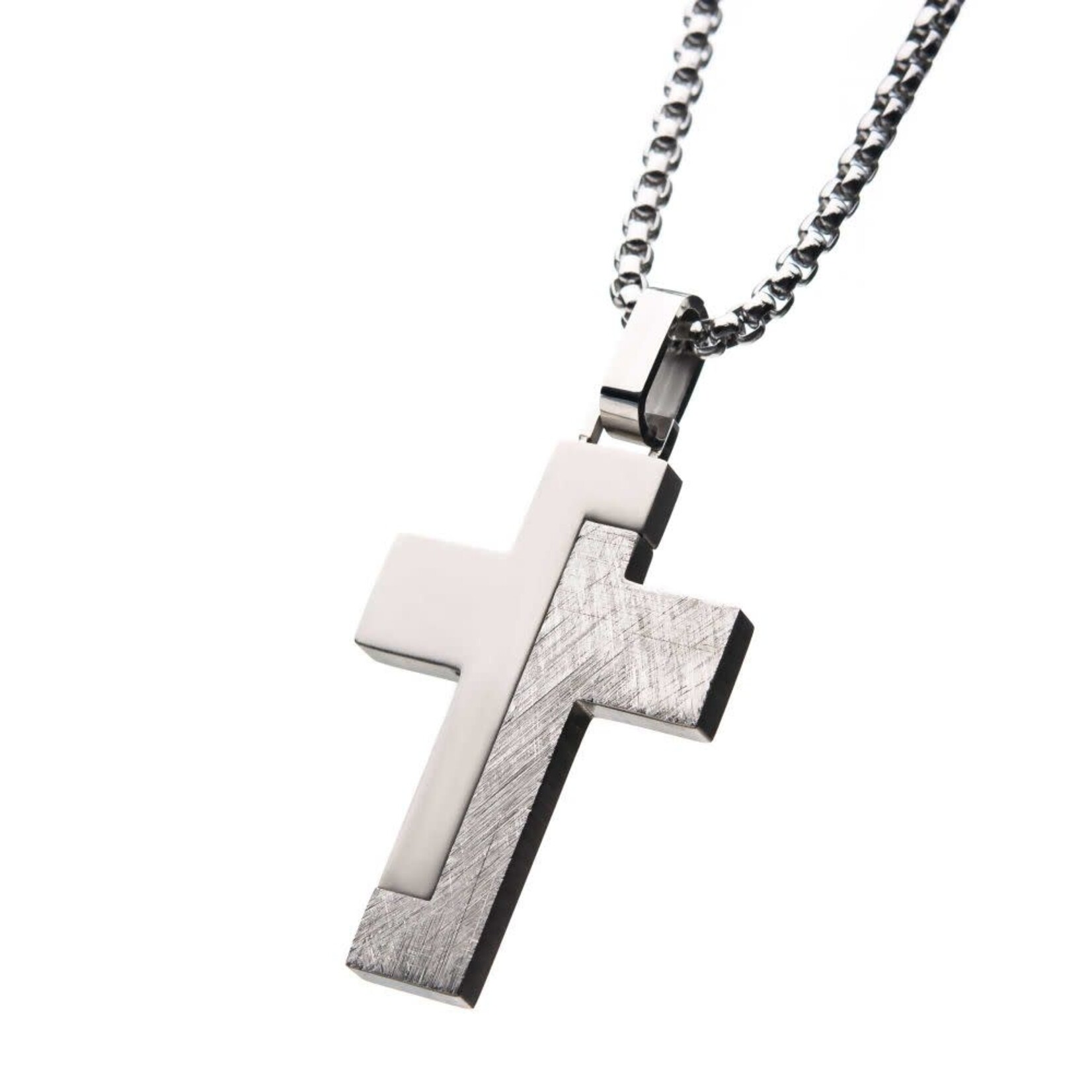 Inox Modern Block-Textured Stainless Steel Cross Pendant 24"
