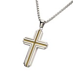 Inox Gold IP Stainless Steel Rope Inlay Two-tone Cross Pendant with Chain 22"