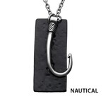 Inox Stainless Steel Antiqued Finish Fish Hook & Black IP Tag Pendant with Chain 24"