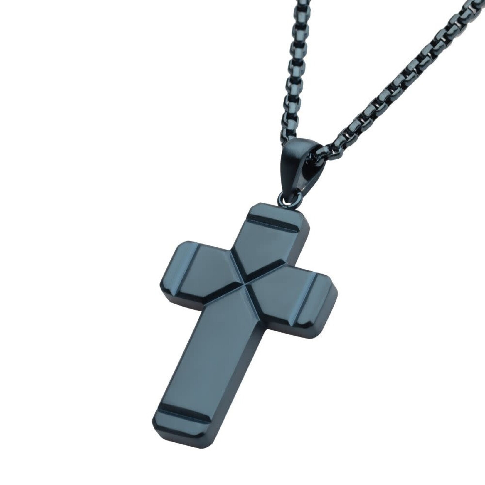 Inox Blue IP Ridged Compact Cross Pendant with Cobalt Blue Box Chain - 24"