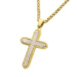 Inox 18K Gold IP Stainless Steel Chiseled Bold Cross Firenze Pendant with Wheat Chain - 24"