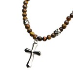 Inox Tiger Eye Beads with Steel Cross Pendant Necklace - 28"