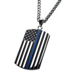 Inox Thin Blue Line American Flag Police Officer Military Style Dog Tag Enamel Pendant - 24"