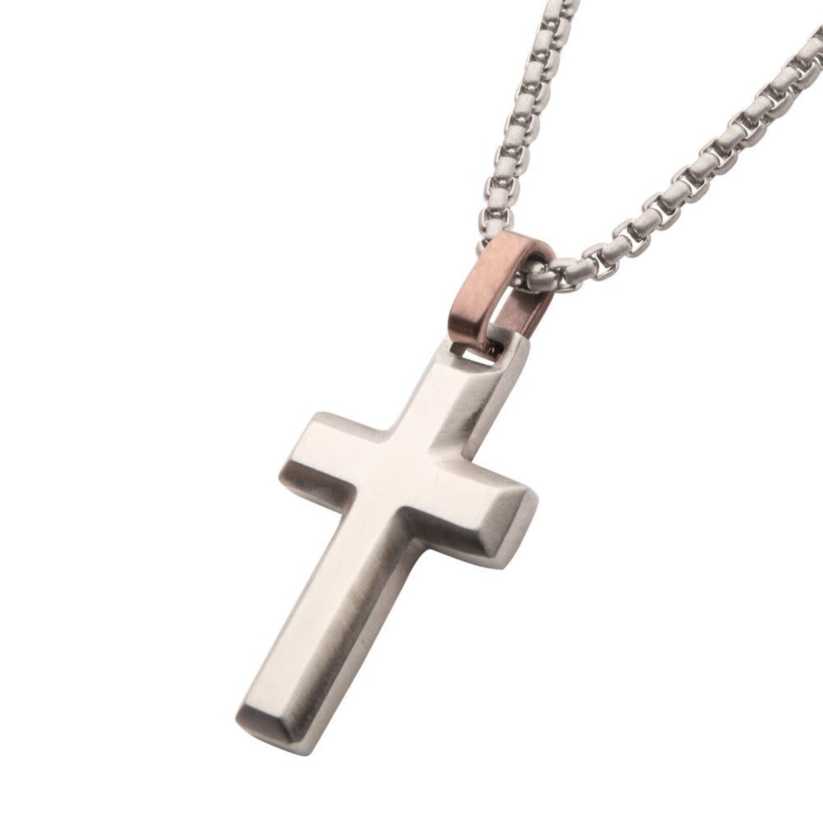 Inox Matte Finish Steel Beveled Cross Pendant with Brown Bail - 22"