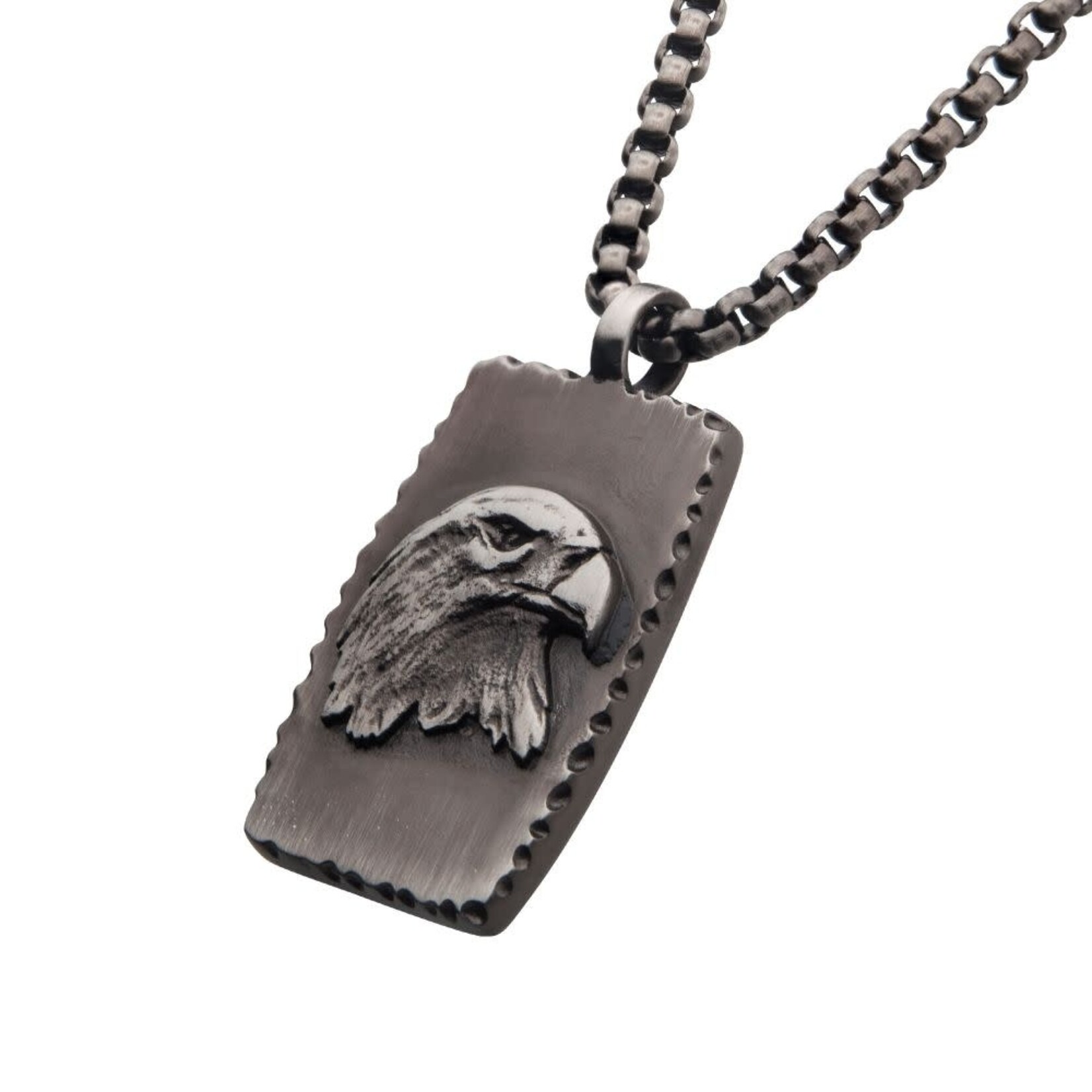Inox Gun Metal IP Eagle Inlay Dog Tag Pendant with Round Box Chain - 24"