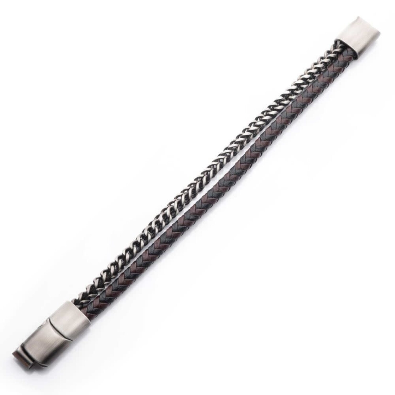 Inox Multi Strand Leather and Stainless Steel Foxtail Chain Stacking Duo Bracelet - 8.25"-8.75"