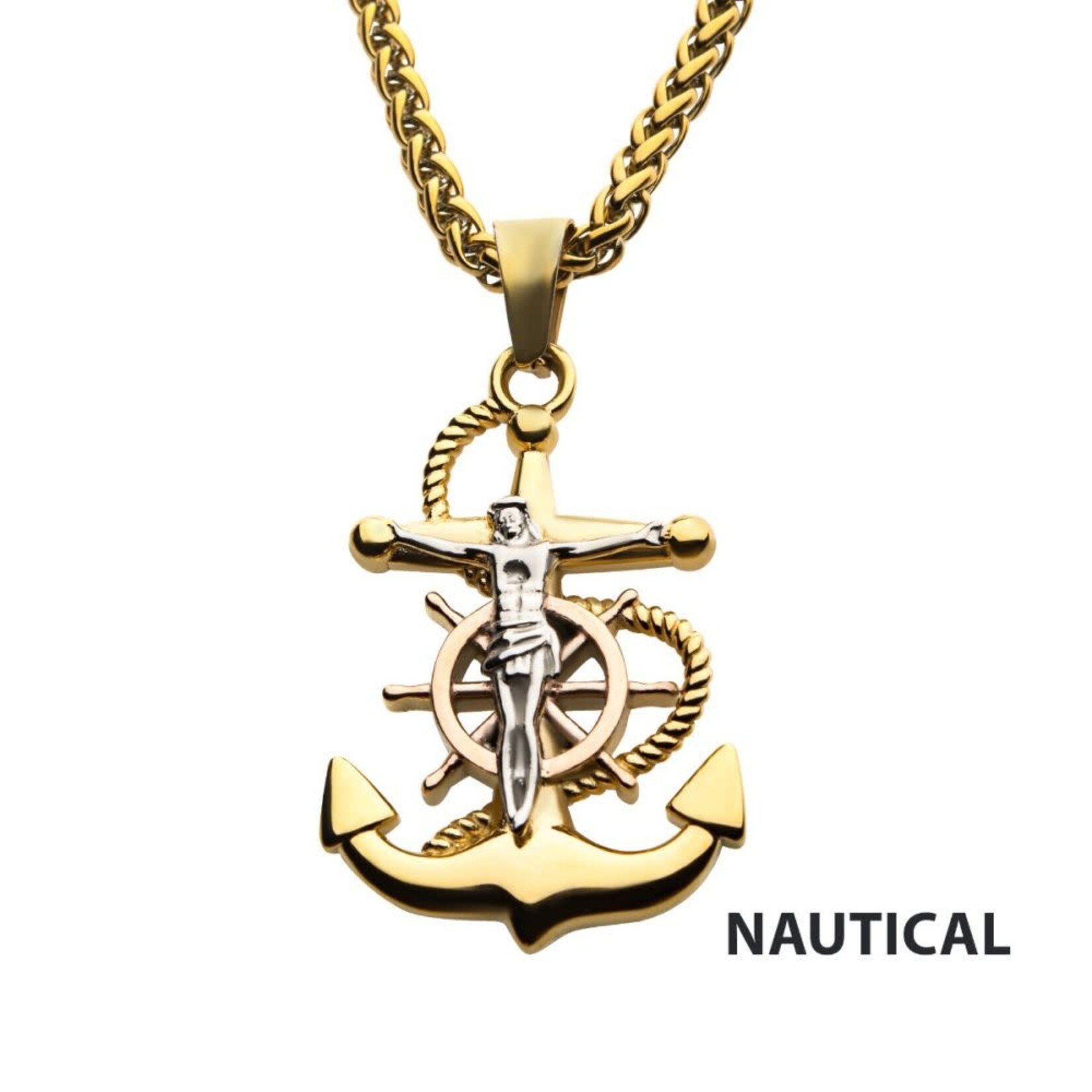 Inox 18K Gold IP Anchor with Silver Plated Jesus Steel Necklace