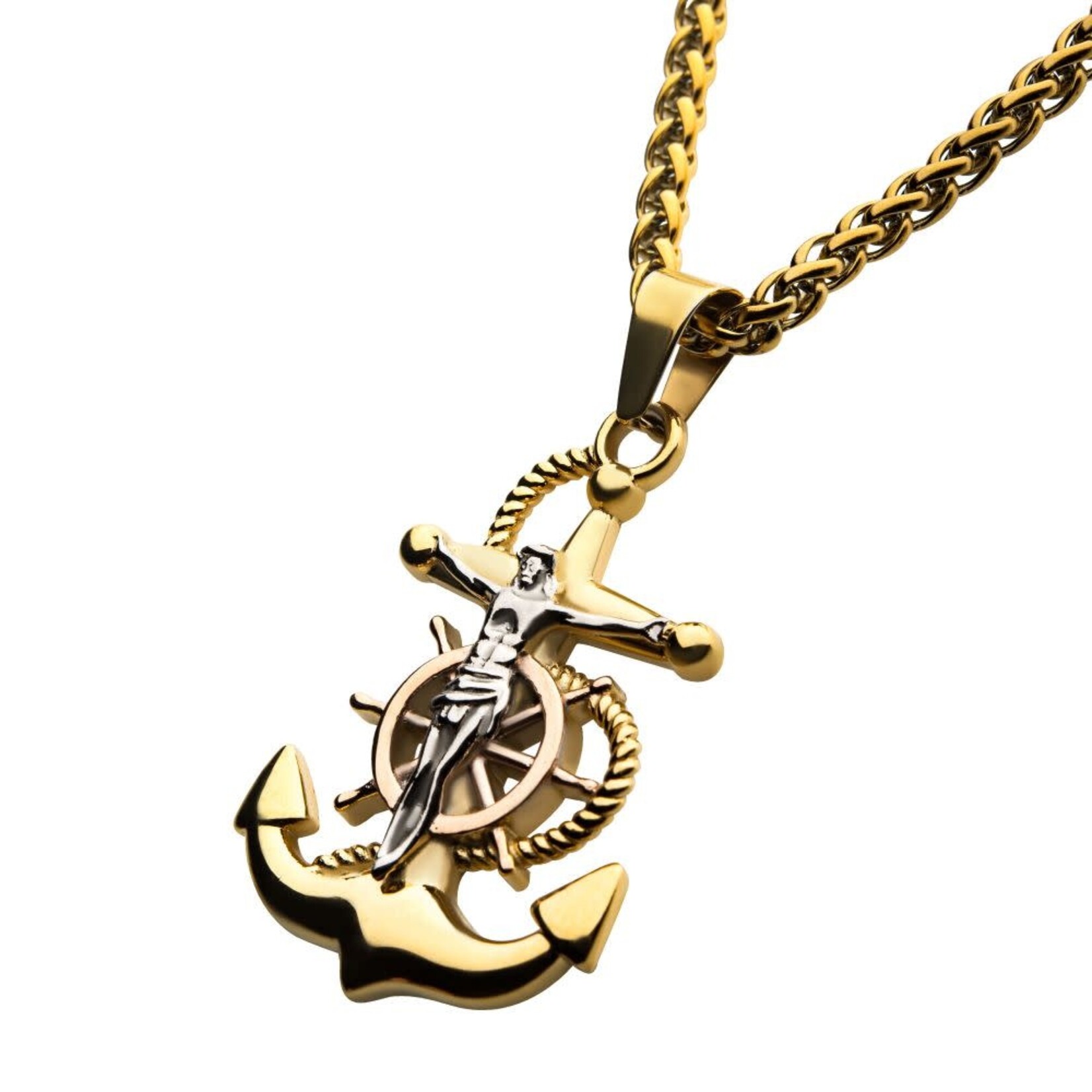 Inox 18K Gold IP Anchor with Silver Plated Jesus Steel Necklace