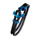 Inox Black Leather with Blue IP Anchor Bracelet - 8.5"