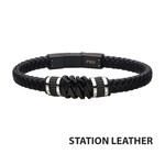 Inox Black Braided Leather with Black IP Serrated Station Bracelet - 8"-8.5"
