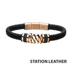 Inox Black Braided Leather with Rose Gold IP Serrated Station Bracelet - 8"-8.5"