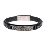 Inox Black Leather Strapped with Cross Hammered ID Bracelet - 8.25"-8.75"