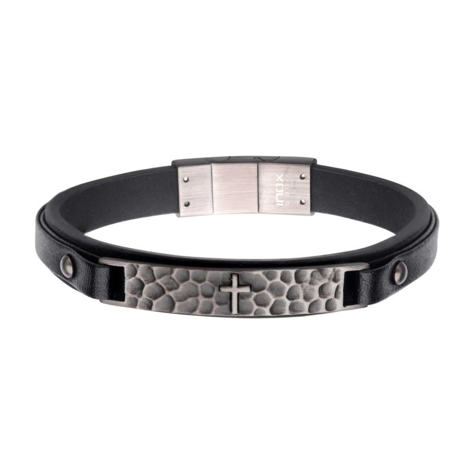 Inox Black Leather Strapped with Cross Hammered ID Bracelet - 8.25"-8.75"