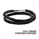 Inox Double Round Black Braided Genuine Full Grain Cowhide Leather Bracelet - 8.5"-17"
