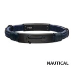 Inox Blue Leather with Black IP Anchor Bracelet - 7.75"-8.25"