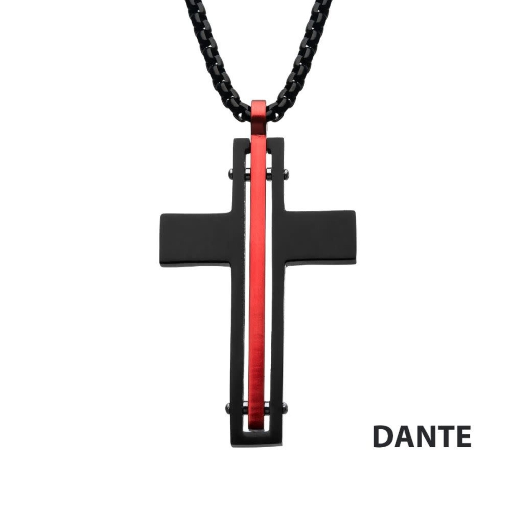 Inox Dante - Black & Red Matte Thin Red Line Cross Pendant with Round Box Chain - 22"