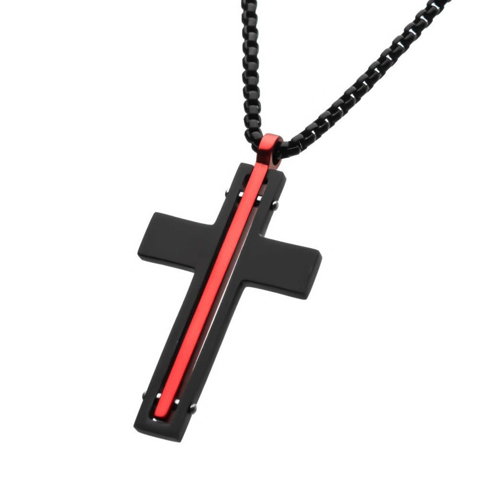 Inox Dante - Black & Red Matte Thin Red Line Cross Pendant with Round Box Chain - 22"