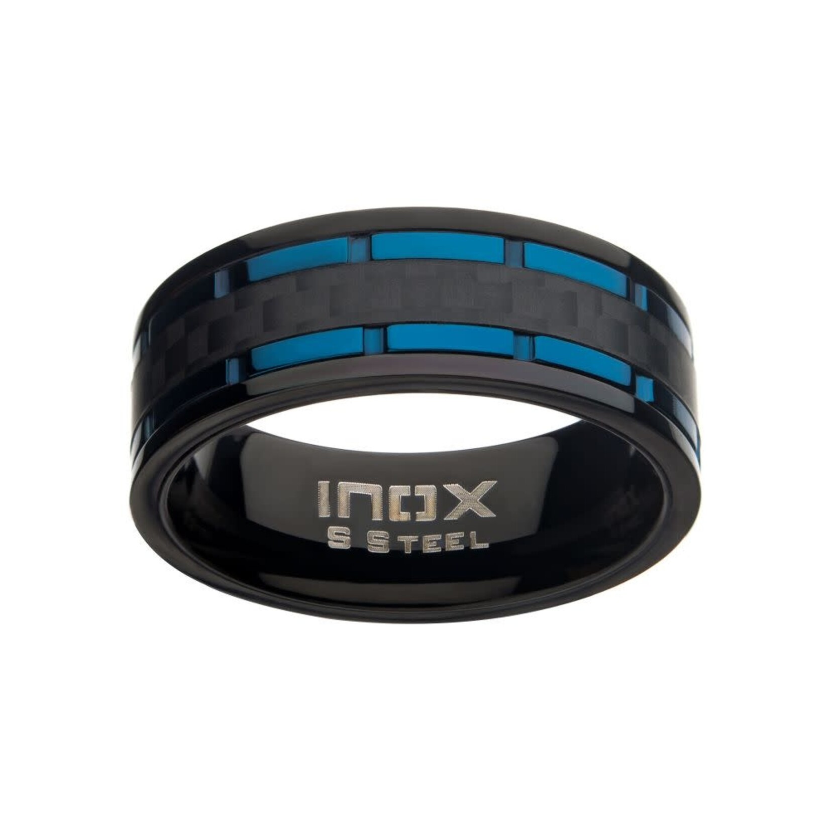 Inox Blue IP/Black IP Lines & Carbon Fiber Hammered Ring
