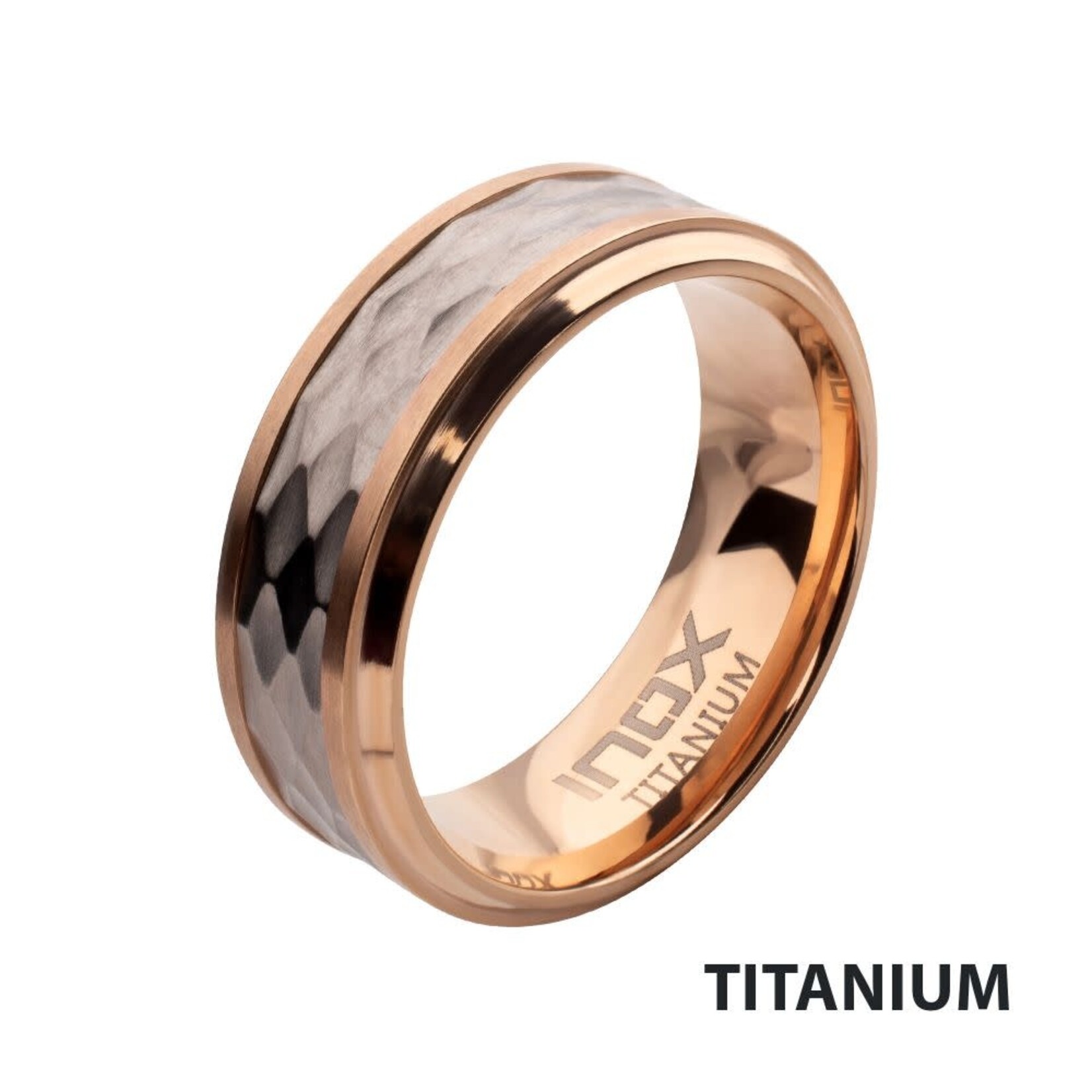 Inox Rose Gold IP Titanium Matte Finish Mosaic Inlay Comfort Fit Ring