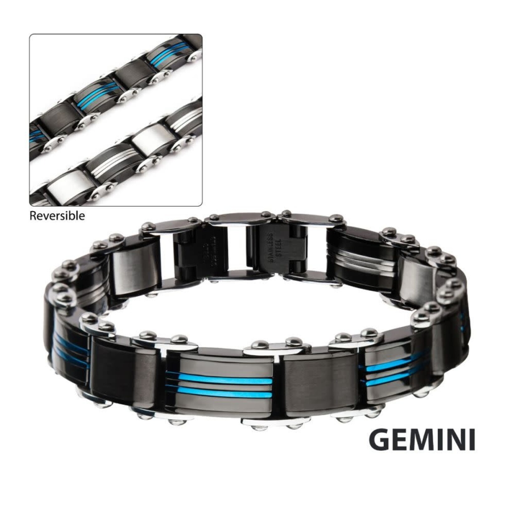 Inox Double Sided Stainless Steel Blue IP & Black IP Reversible Bracelet - 7.75"-8.25"