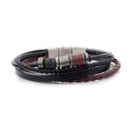 Inox Black & Burgundy Leather with Lava Stone Bead Multi-Strand Bracelet - 8"-8.5"