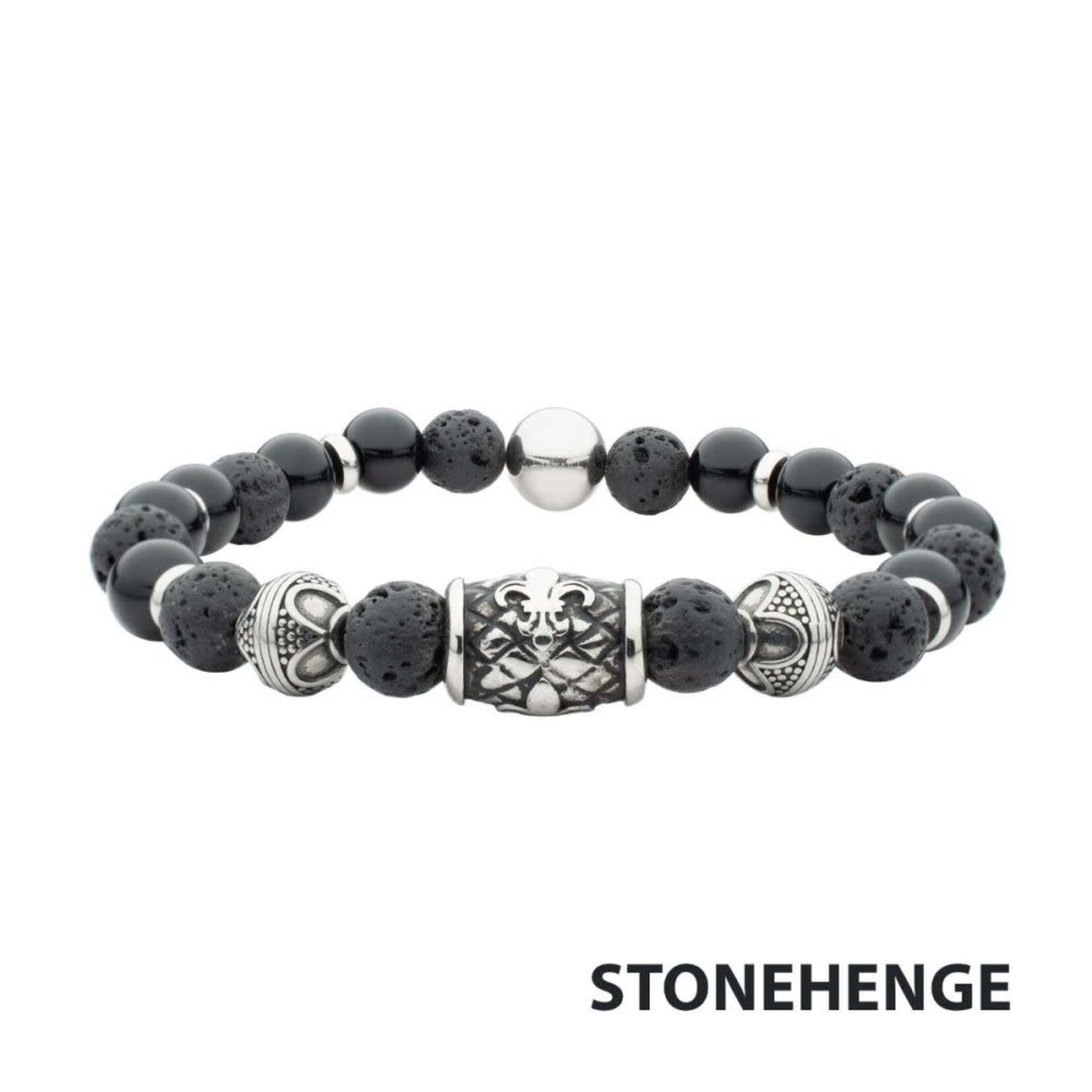 Inox Black Onyx & Lava Stone with Fleur-de-lis Cast Steel Bead Bracelet Elastic
