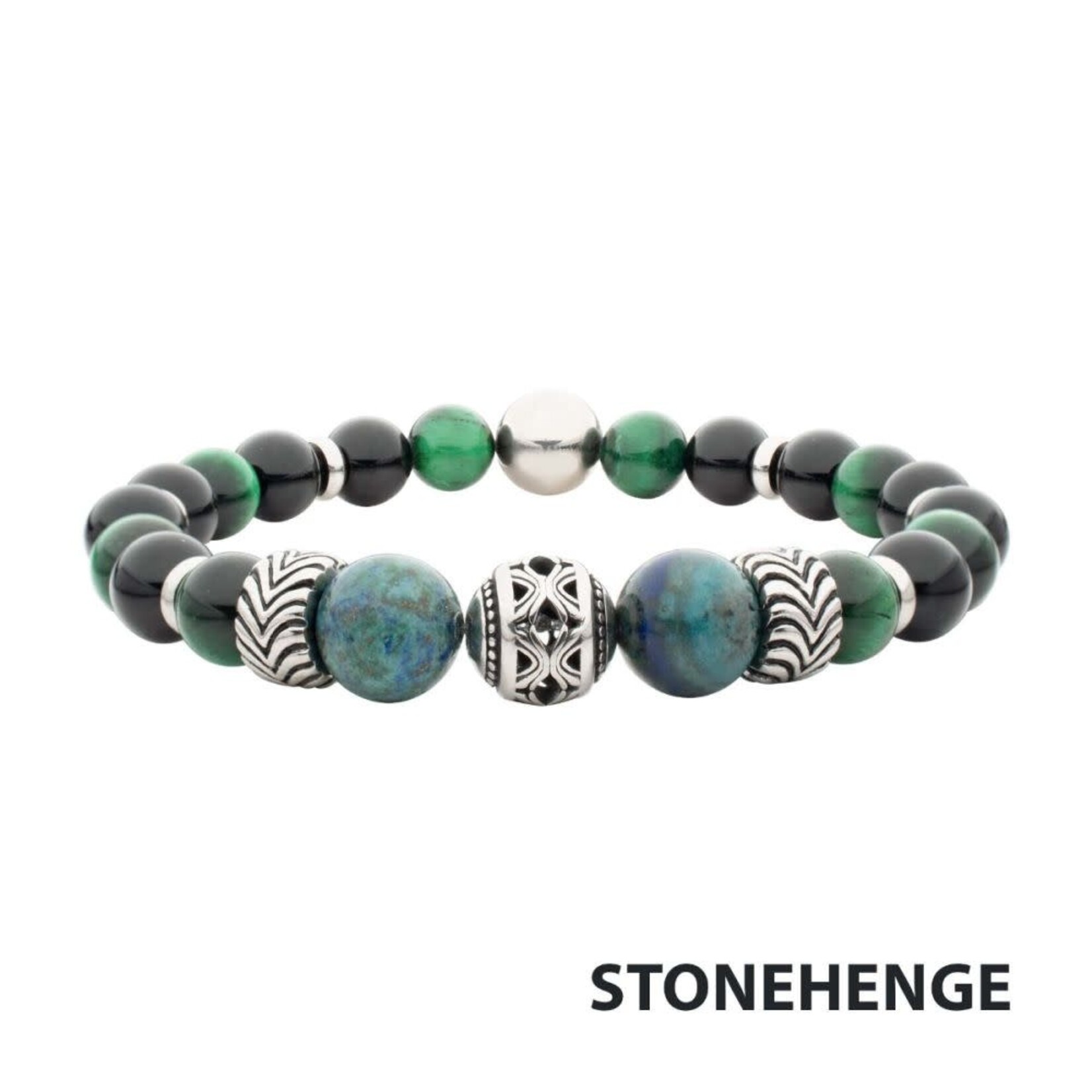 Inox Black Onyx, Green Tiger Eye & Lapis Lazuli Stone with Cast Steel Bead Bracelet Elastic